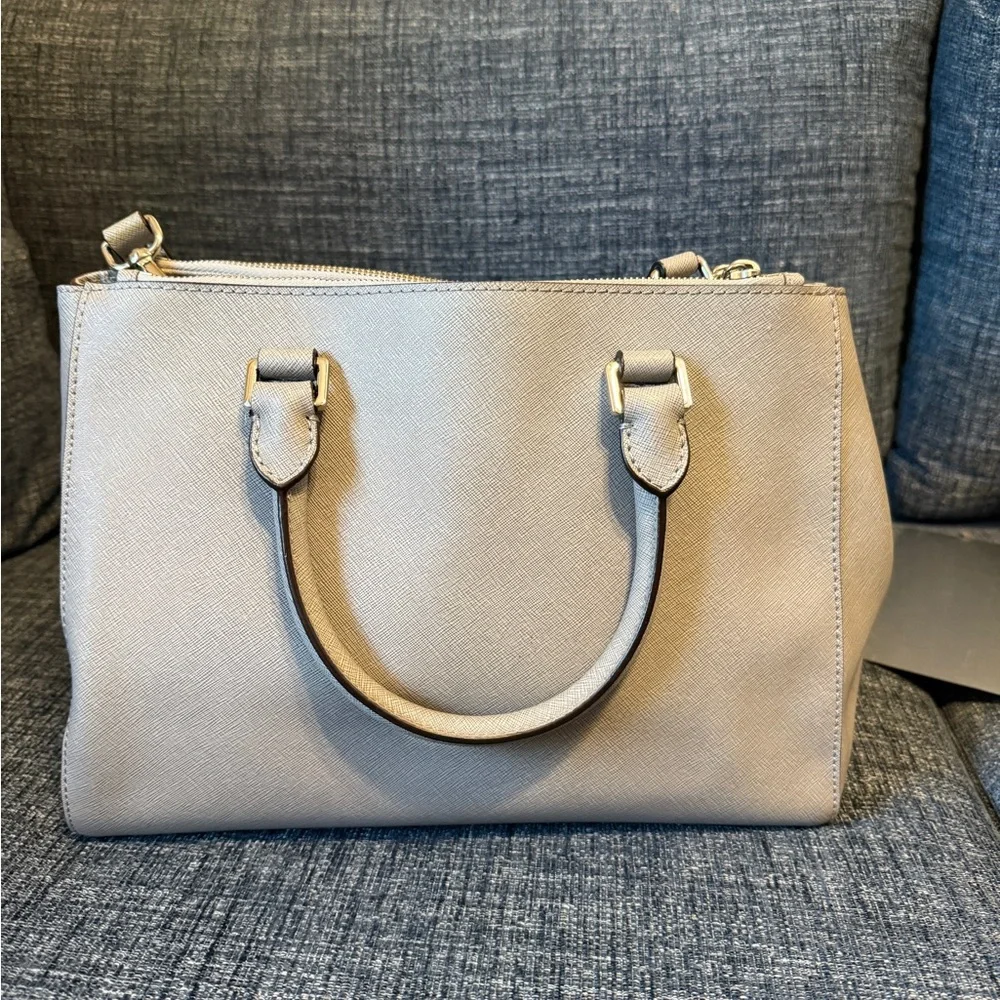 Michael Kors Gray Saffiano Leather Satchel with Silver-Tone Logo Charm